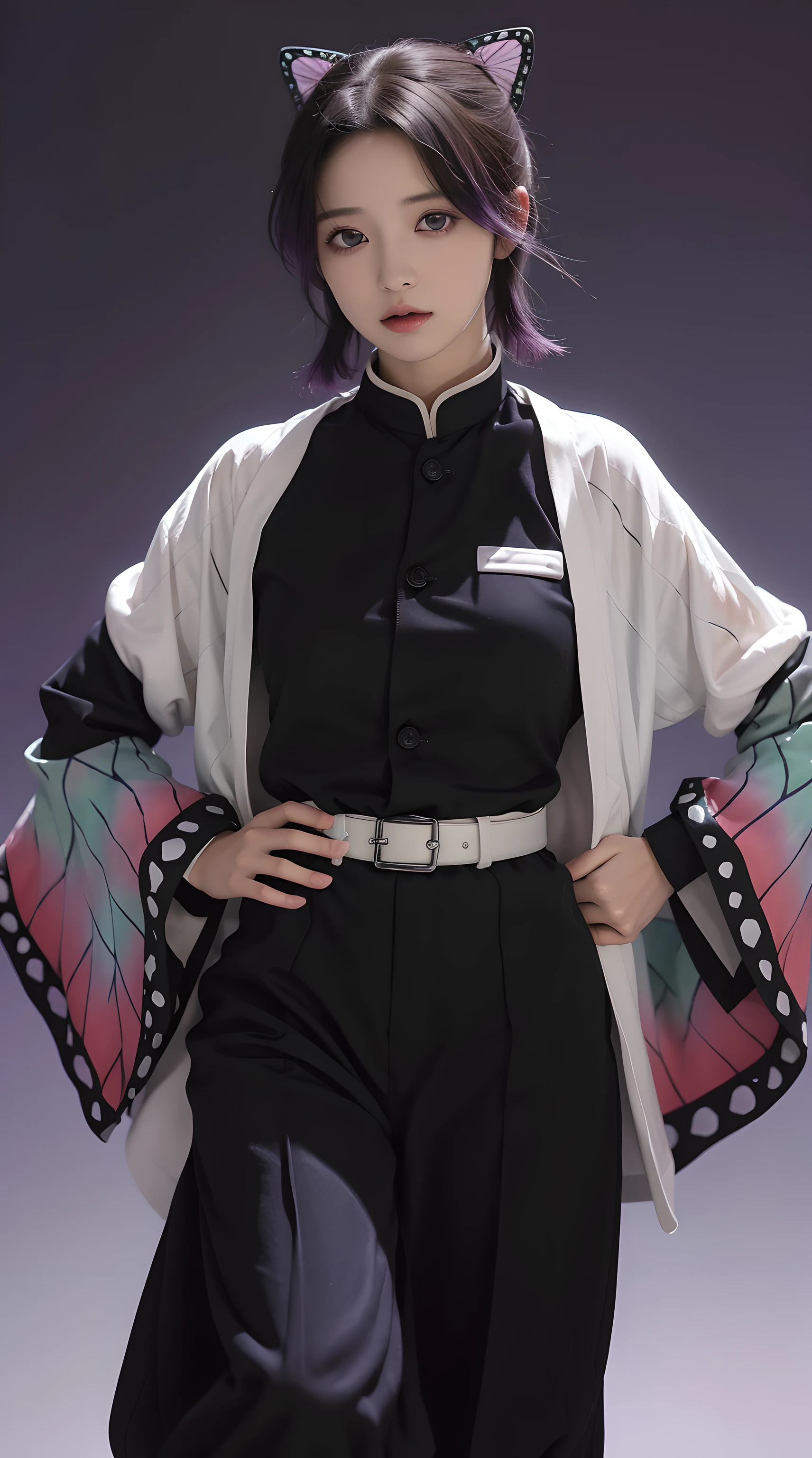 1girl, solo, kochou shinobu, butterfly hair ornament, purple eyes, multicolored hair, short hair, parted bangs, haori, wide sleeves, long sleeves, black pants, black jacket, belt, realism, masterpiece, textured skin, super detail, high detail, high quality, best quality, 1080p, 16k