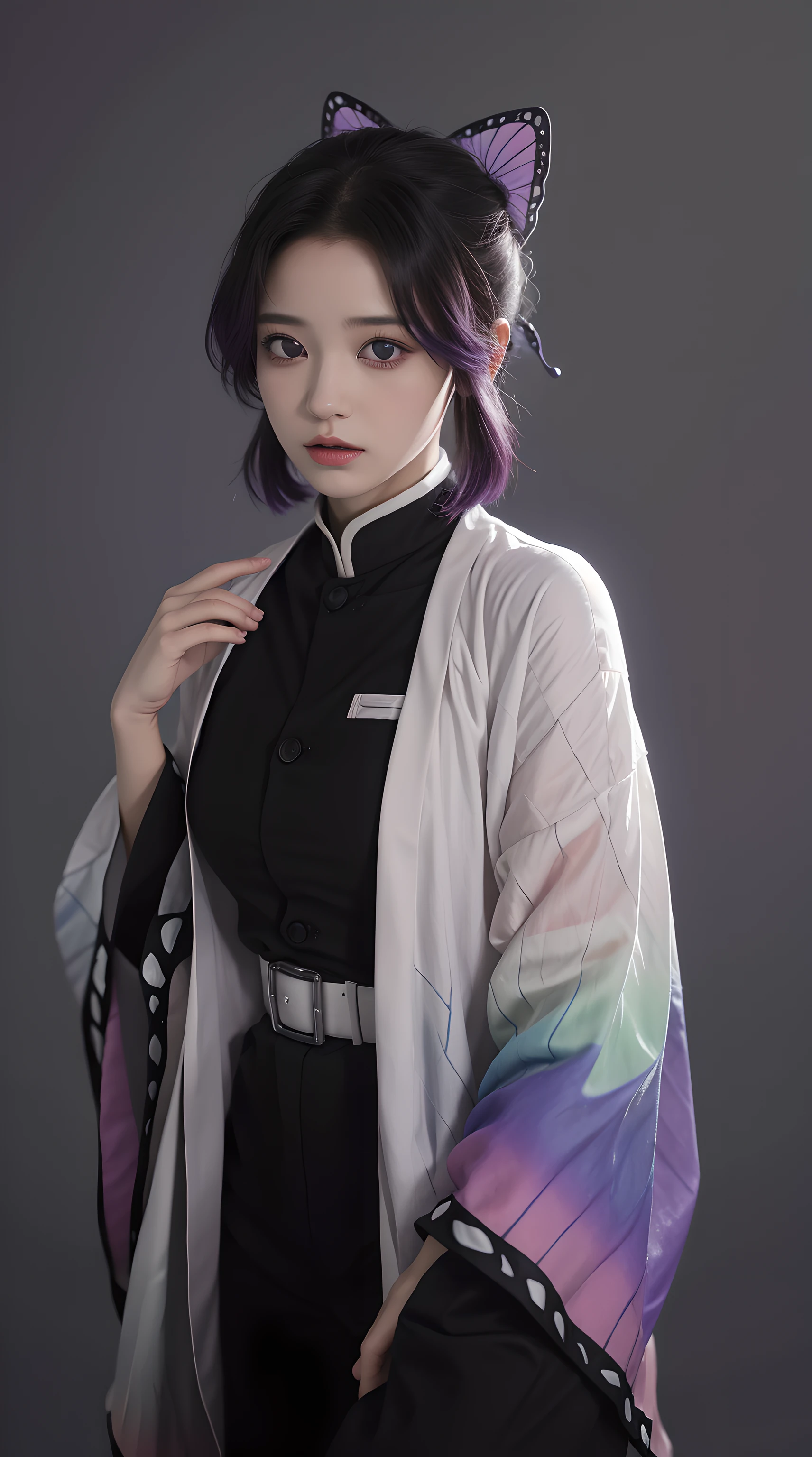 1girl, solo, kochou shinobu, butterfly hair ornament, purple eyes, multicolored hair, short hair, parted bangs, haori, wide sleeves, long sleeves, black pants, black jacket, belt, realism, masterpiece, textured skin, super detail, high detail, high quality, best quality, 1080p, 16k