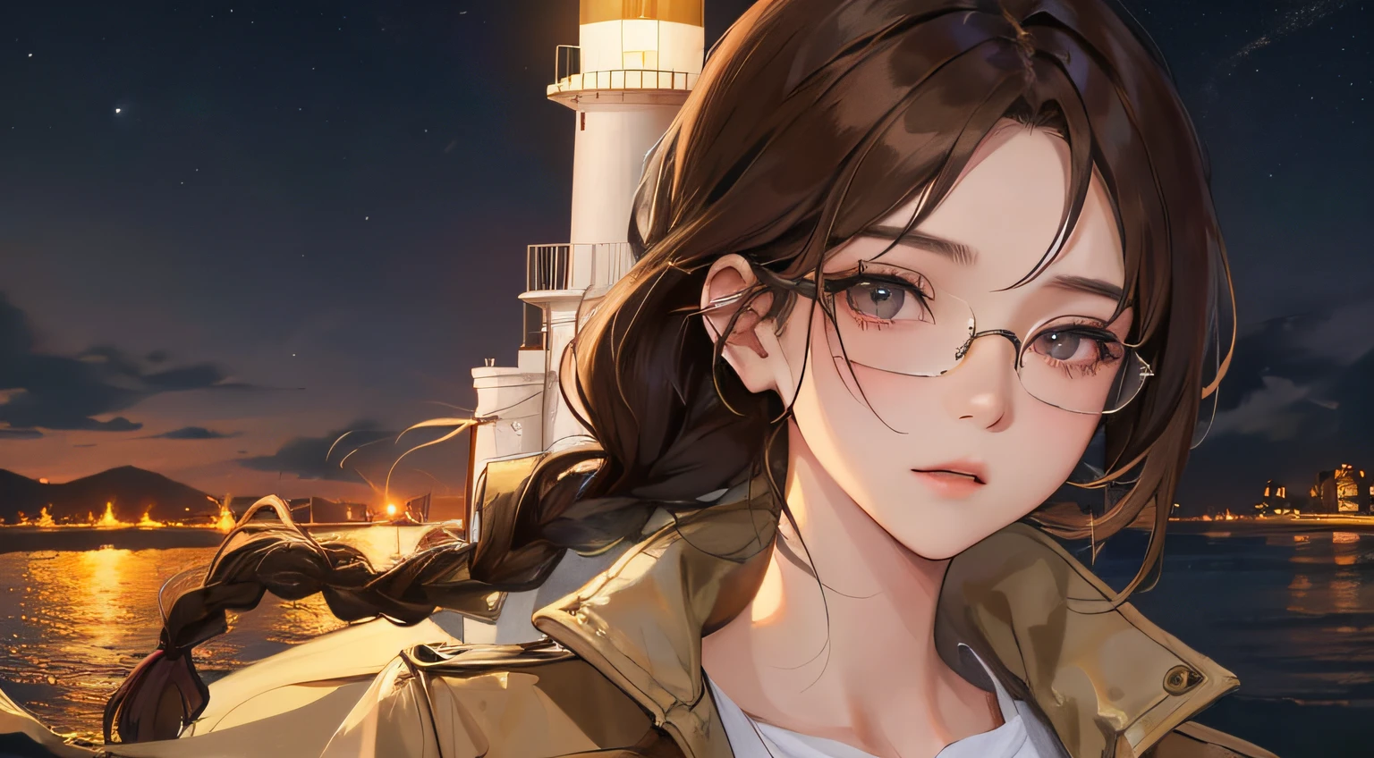 (((1人の女性)))、(Top resolution、Distinct_image) best qualtiy、(((Lighthouse at night)))、​masterpiece、ighly detailed、Semi-realistic、Brown hair、eye glass、Braided hairstyle、deadpan、bangss、20yr old、年轻、Beige trench coat、natta、delicated facial features、Facial features、mid-shot、