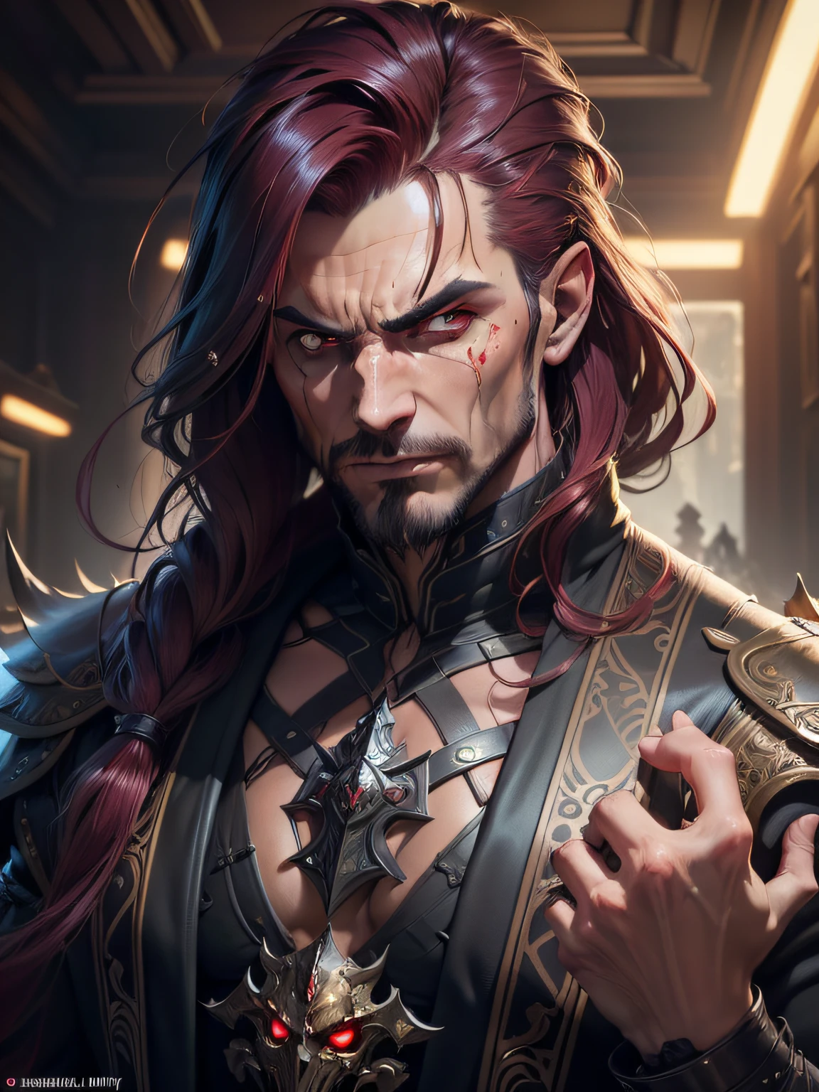 (masterpiece), (extremely intricate), fantasy, (((realistic portrait of an evil hermit, male, villain, anti hero, evil face, masculine face, medium hair, Maroon hair, wicked, cruel, sinister, malicious, ruthless, masculine, athletic))), (((dark bloody clothing, intricate details on clothing))), (perfect composition:1.4), aspect ratio 1:1, beach, deviantart hd, artstation hd, concept art, detailed face and body, award-winning photography, margins, detailed face, professional oil painting by Ed Blinkey, Atey Ghailan, Jeremy Mann, Greg Manchess, Alex Gray, trending on ArtStation, trending on CGSociety, intricate, high detail, sharp focus, dramatic, award winning matte drawing cinematic lighting octane render unreal engine volumetrics dtx