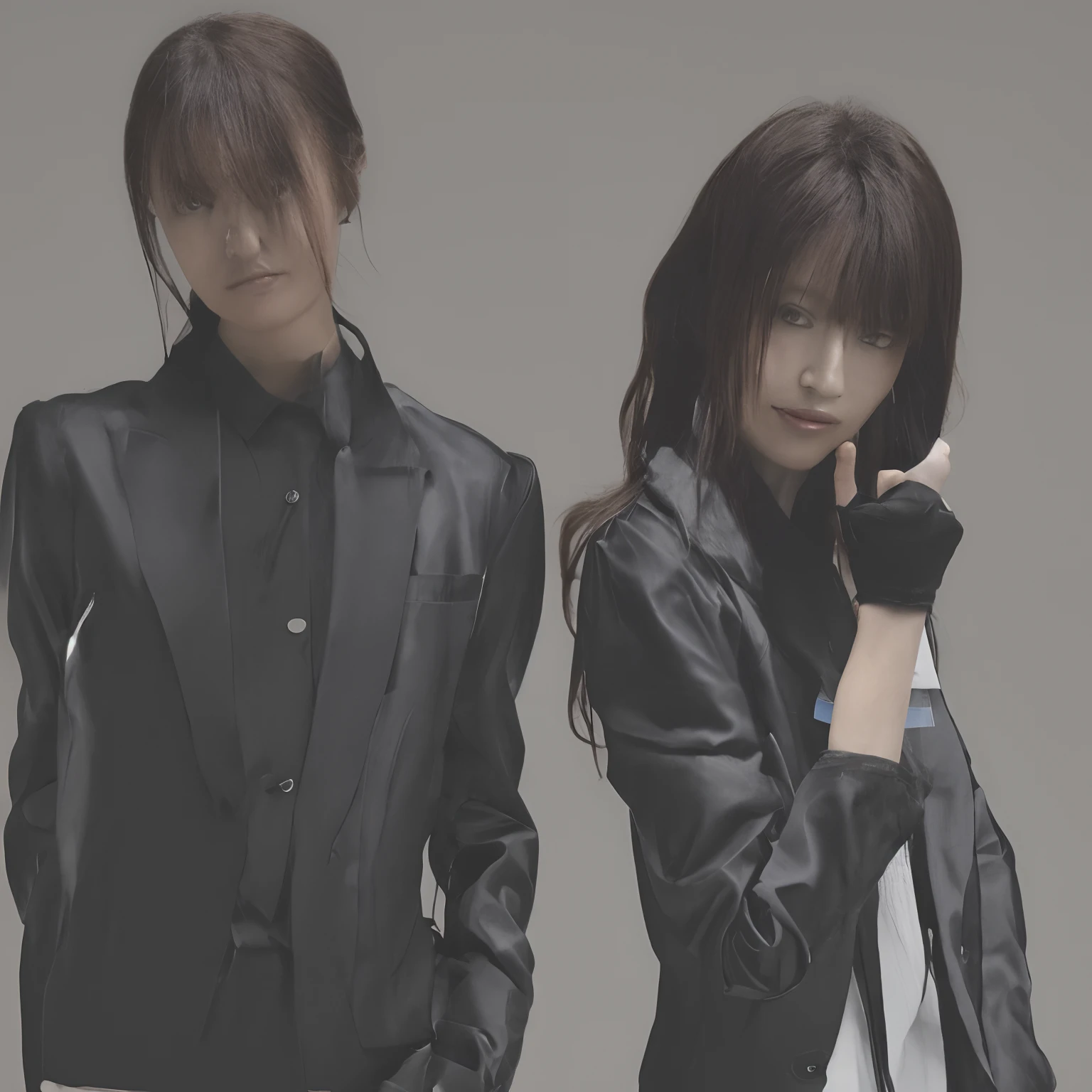 A young Japanese woman holding a black suit up to a shirt, a black leather glove worn in both hands, a woman's hand with a black suit and black leather gloves in front of her