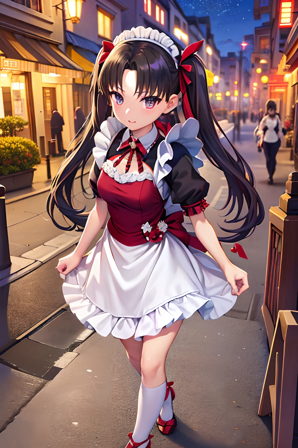 (best quality), [masterpiece], ((beautiful:0.75) cute girl:0.75), [clear and clean] pixiv (illustration), ((RinTohsaka)), street, walking, night, black hair, maid uniform,  twintails,