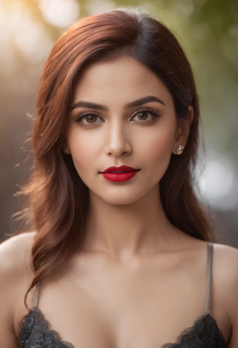 portrait of a Indian woman, fit 27 yo, (makeup:1.2), fair skin tone, redlips, wearing seethrough blouse, deep cleavage, red hair, wearing mini skirt, high resolution skin, 8k, 150mm, subsurface scattering, highly detailed eyes, ultra realistic skin, gorgeous face, hyperrealistic