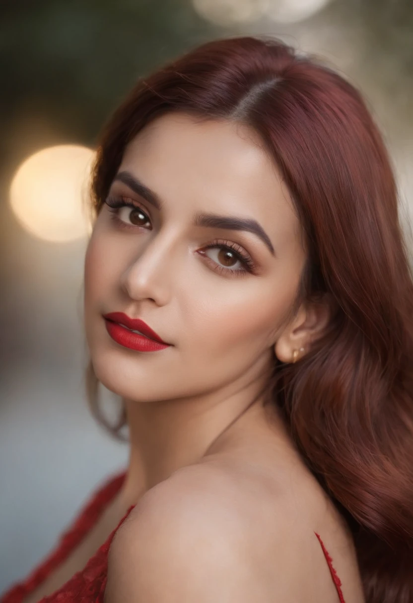 portrait of a Indian woman, fit 27 yo, (makeup:1.2), fair skin tone, redlips, wearing seethrough blouse, deep cleavage, red hair, wearing mini skirt, high resolution skin, 8k, 150mm, subsurface scattering, highly detailed eyes, ultra realistic skin, gorgeous face, hyperrealistic