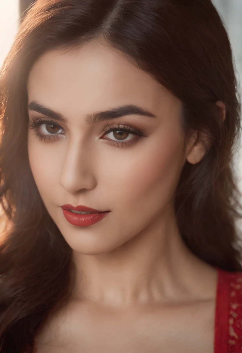 portrait of a Indian woman, fit 27 yo, (makeup:1.2), fair skin tone, redlips, wearing seethrough blouse, deep cleavage, red hair, wearing mini skirt, high resolution skin, 8k, 150mm, subsurface scattering, highly detailed eyes, ultra realistic skin, gorgeous face, hyperrealistic