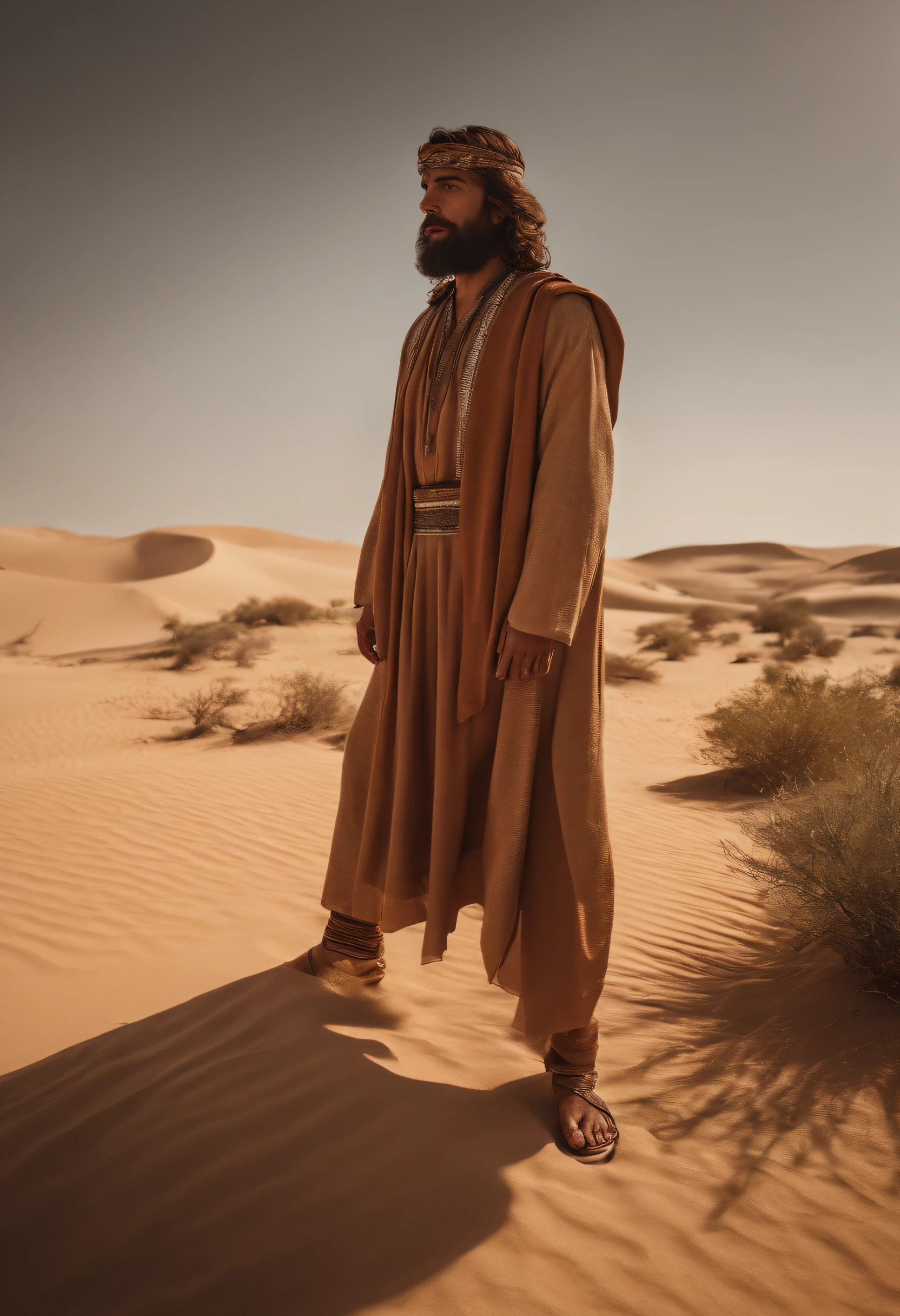 Young man with beard standing in desert area, rei de israel vestidos em 36864K filmes, Ainda do filme live action, cenas de filmes live-action, 16384k filme, still image from tv series, cinematic Film still from, film still image, portrait of bedouin d&d, cena maravilhosa