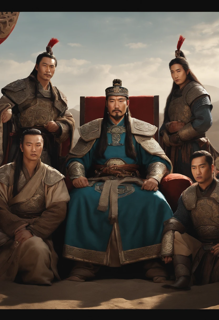 Imagem de um homem em uma coroa sentado em uma mesa com outras pessoas, uma imagem inspirada em Wu Bin, trend in cg society, Dau-al-Set, from three kingdoms, chinese three kingdoms, Foto de Genghis Khan, ainda de um filme de fantasia, Gengis Khan, mongol, three kingdoms, history drama, three kingdom