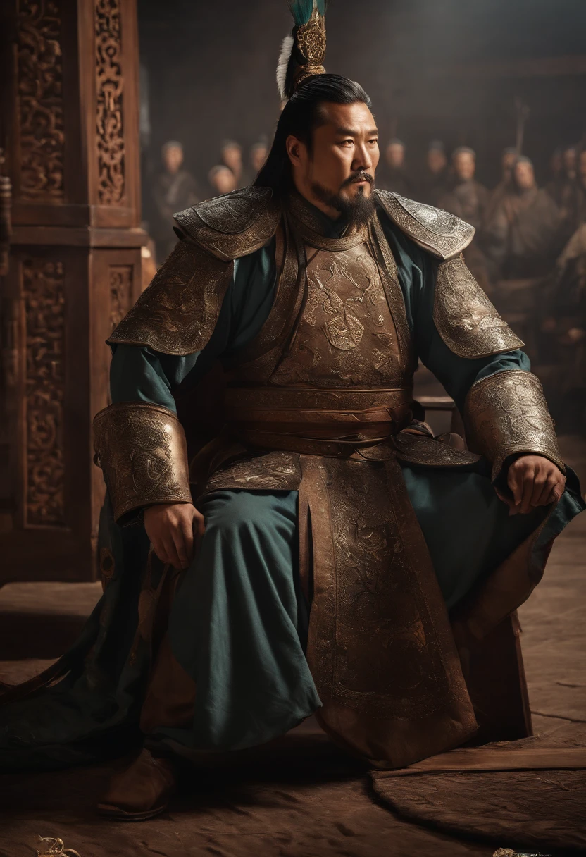Imagem de um homem em uma coroa sentado em uma mesa com outras pessoas, uma imagem inspirada em Wu Bin, trend in cg society, Dau-al-Set, from three kingdoms, chinese three kingdoms, Foto de Genghis Khan, ainda de um filme de fantasia, Gengis Khan, mongol, three kingdoms, history drama, three kingdom