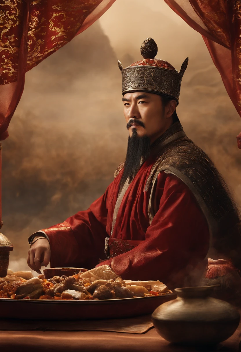 Imagem de um homem em uma coroa sentado em uma mesa com outras pessoas, uma imagem inspirada em Wu Bin, trend in cg society, Dau-al-Set, from three kingdoms, chinese three kingdoms, Foto de Genghis Khan, ainda de um filme de fantasia, Gengis Khan, mongol, three kingdoms, history drama, three kingdom