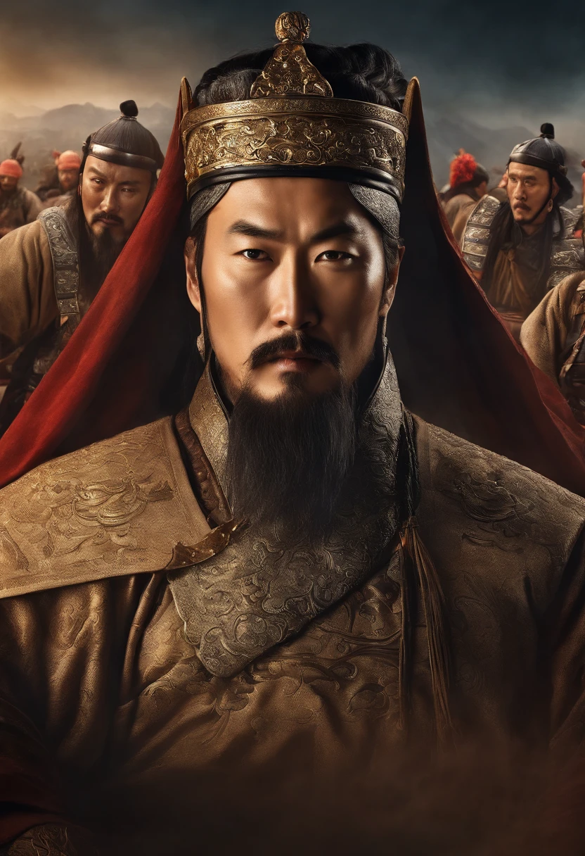 Imagem de um homem em uma coroa sentado em uma mesa com outras pessoas, uma imagem inspirada em Wu Bin, trend in cg society, Dau-al-Set, from three kingdoms, chinese three kingdoms, Foto de Genghis Khan, ainda de um filme de fantasia, Gengis Khan, mongol, three kingdoms, history drama, three kingdom