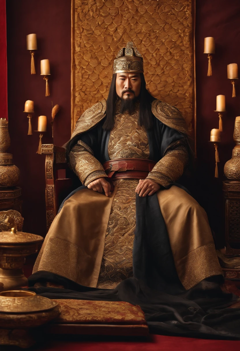 Imagem de um homem em uma coroa sentado em uma mesa com outras pessoas, uma imagem inspirada em Wu Bin, trend in cg society, Dau-al-Set, from three kingdoms, chinese three kingdoms, Foto de Genghis Khan, ainda de um filme de fantasia, Gengis Khan, mongol, three kingdoms, history drama, three kingdom