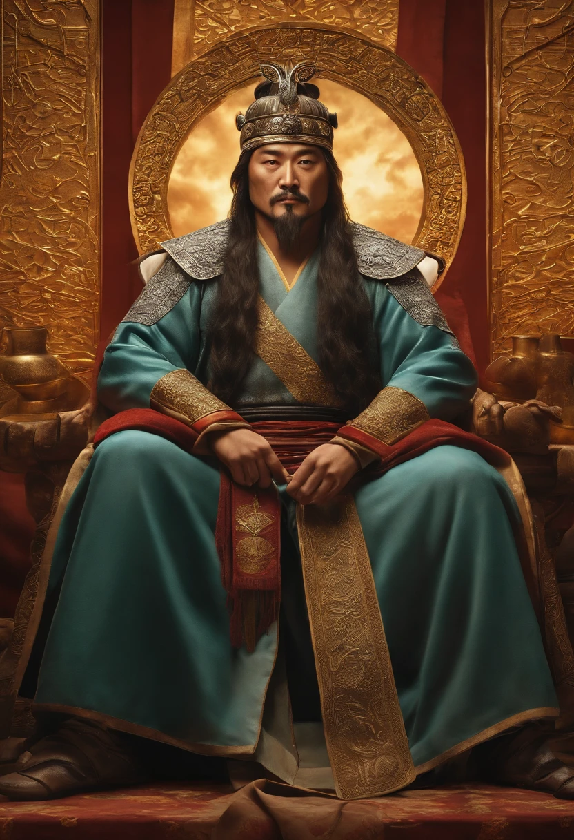 Imagem de um homem em uma coroa sentado em uma mesa com outras pessoas, uma imagem inspirada em Wu Bin, trend in cg society, Dau-al-Set, from three kingdoms, chinese three kingdoms, Foto de Genghis Khan, ainda de um filme de fantasia, Gengis Khan, mongol, three kingdoms, history drama, three kingdom