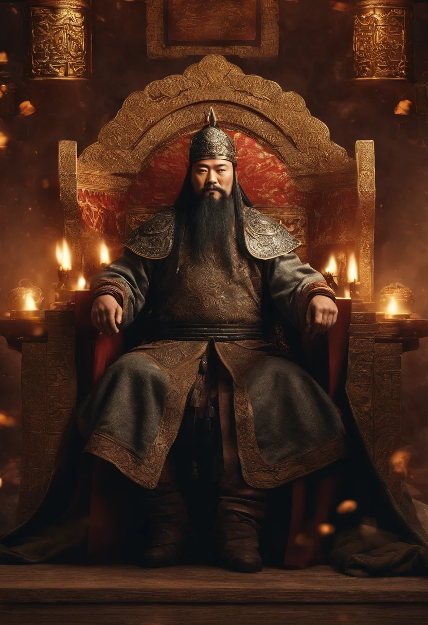 Imagem de um homem em uma coroa sentado em uma mesa com outras pessoas, uma imagem inspirada em Wu Bin, trend in cg society, Dau-al-Set, from three kingdoms, chinese three kingdoms, Foto de Genghis Khan, ainda de um filme de fantasia, Gengis Khan, mongol, three kingdoms, history drama, three kingdom