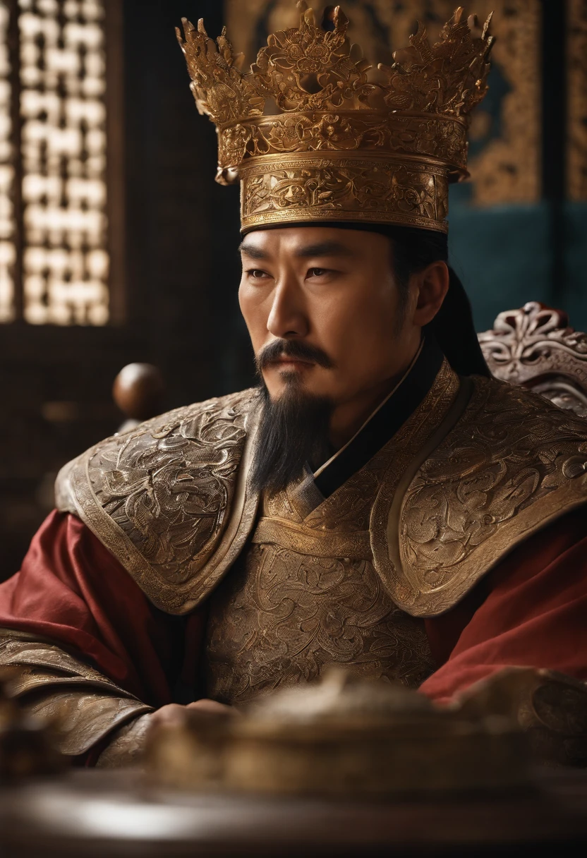 Imagem de um homem em uma coroa sentado em uma mesa com outras pessoas, uma imagem inspirada em Wu Bin, trend in cg society, Dau-al-Set, from three kingdoms, chinese three kingdoms, Foto de Genghis Khan, ainda de um filme de fantasia, Gengis Khan, mongol, three kingdoms, history drama, three kingdom