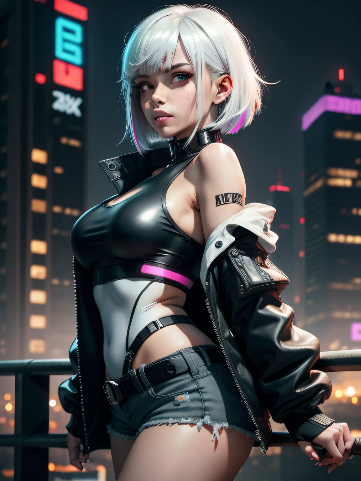 masterpiece, (photorealistic:1.4), best quality, beautiful lighting, (ulzzang-6500:0.5), lucy \(cyberpunk\), 1girl, white hair, against railing, arm rest, bangs, bare shoulders, belt, black belt, black leotard, black pants, blurry, bob cut, breasts, building, cityscape, clothing cutout, (cropped jacket), cyberpunk, depth of field, from side, gradient eyes, grey eyes, grey hair, white jacket, leotard, lips, long sleeves, looking afar, looking ahead, (mechanical parts), medium breasts, multicolored eyes, multicolored hair, night, night sky, off shoulder, open clothes, open jacket, outdoors, pants, parted lips, railing, red eyeliner, science fiction, short hair with long locks, short shorts, shorts, sidelocks, sky, solo, standing, teeth, thigh cutout, upper teeth only, white jacket, white shorts, cyberpunk \(series\), cyberpunk edgerunners, RAW photo, 8k uhd, film grain, cosplay, white wig, night, neon lights,,,,