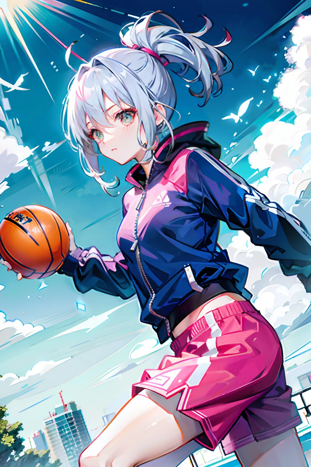 女の子1人、独奏、Running、Grey tracktop、Pink shorts、Silver Ponytail、Athletic physique、Dynamic brush strokes、Fluid movement、Capture the essence of her athletic skills and energy、Use bright colors and soft tones to create a dreamy and fantastic atmosphere、Running movement and grace、Ponytails and clothes fluttering in the wind、Expresses the surrounding scenery。basketball