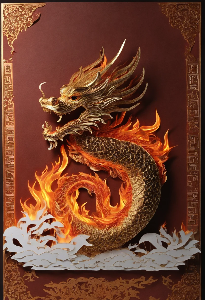 Best Quality, Top image quality, Top resolution, Intricate details, Craftsmanship, (Papercut:1.3), The work of a magician with fire magic, Ring of Fire, Dragon engulfed in flames,Flames sticking out of the dragon's mouth, Paper burning, fire, Real Fire、A truly burning dragon、Dragon's Beard、Chinese Dragon、(Paper cutouts are on fire:1.5),the fire