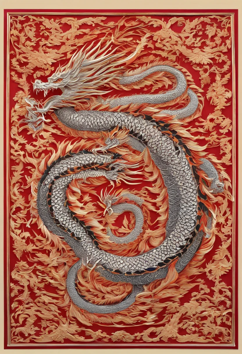 Best Quality, Top image quality, Top resolution, Intricate details, Craftsmanship, (Papercut:1.3), The work of a magician with fire magic, Ring of Fire, Dragon engulfed in flames,Flames sticking out of the dragon's mouth, Paper burning, fire, Real Fire、A truly burning dragon、Dragon's Beard、Chinese Dragon、(Paper cutouts are on fire:1.5),the fire