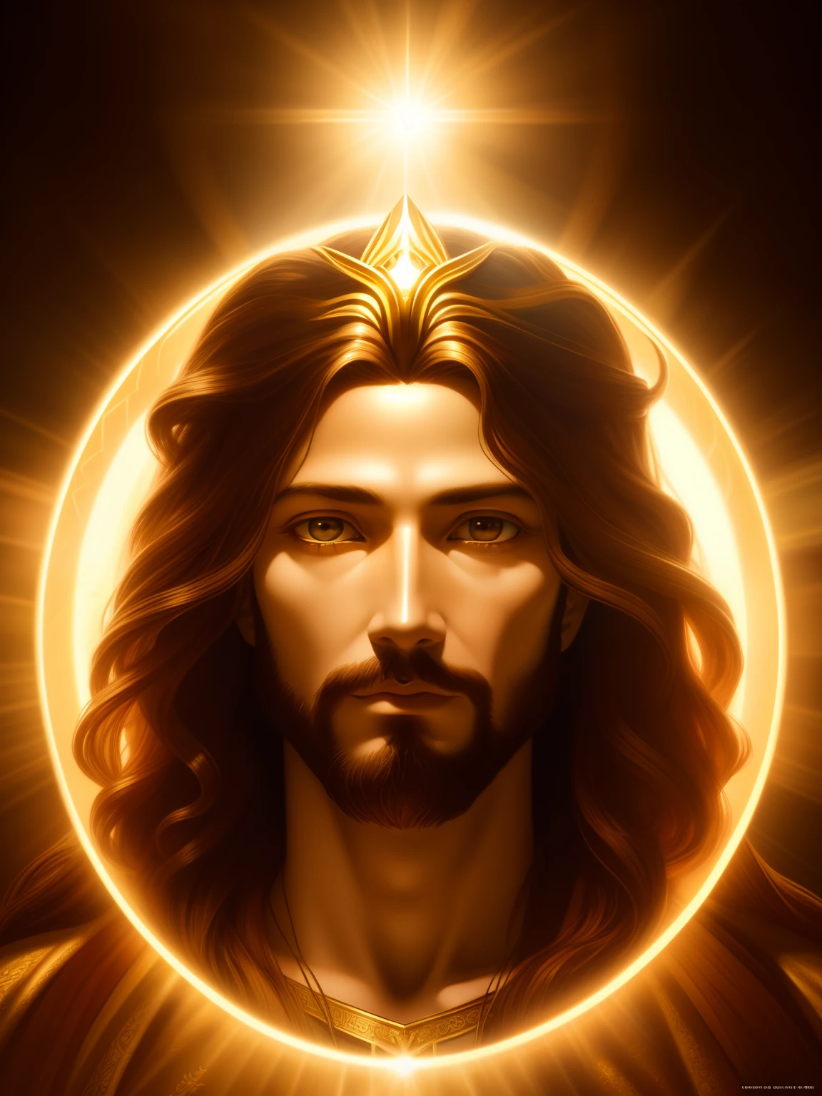 highly detailed portrait of a jesus christ sun god halo of light, gold, unreal engine, art by mark ryden, lostfish, earl norem, global illumination, god rays, detailed and intricate environment, elden ring style