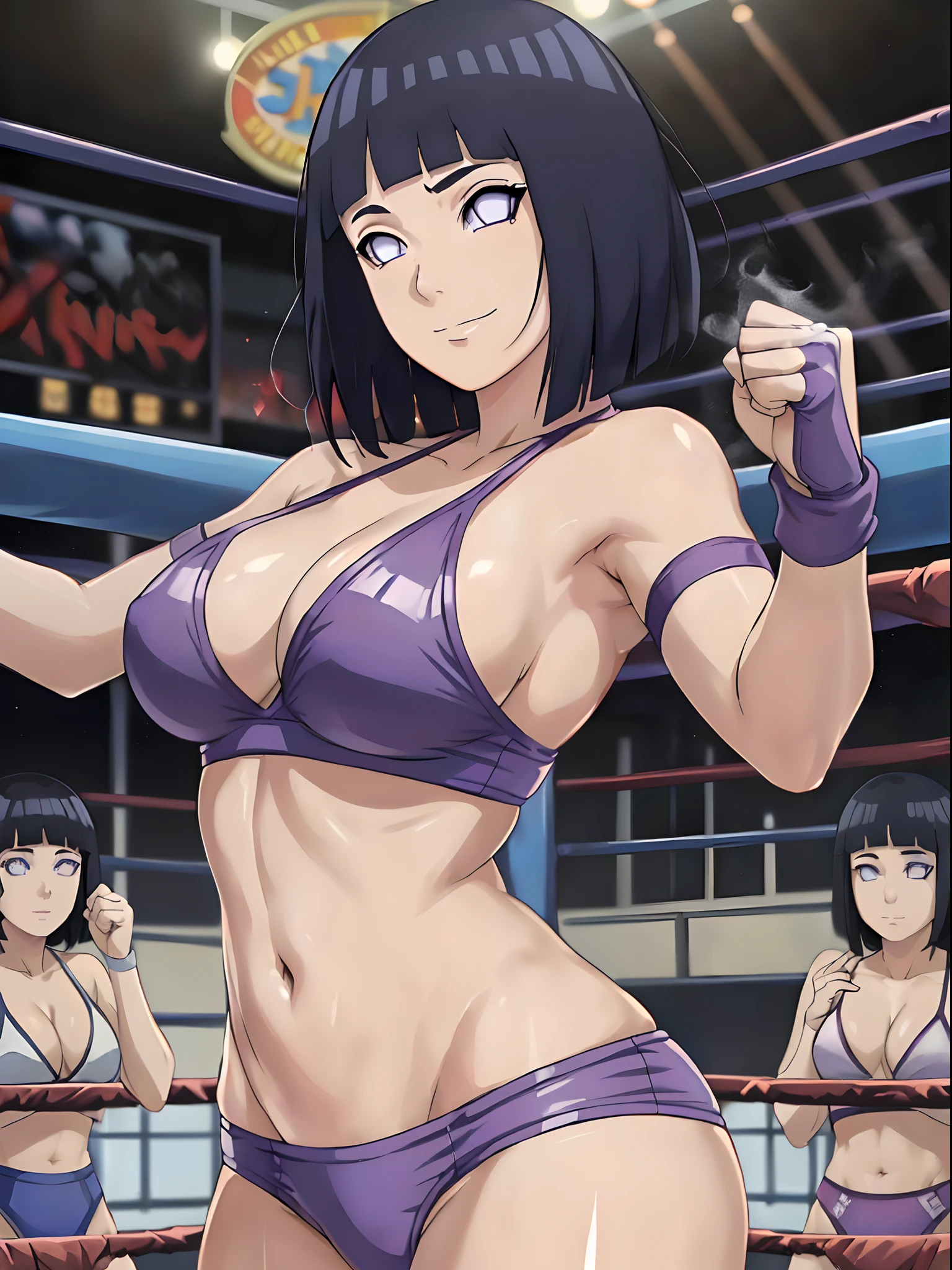 anime style, wrestling ground, (hinata\(boruto\), (female wrestler), (slender body), mature woman, milf, (bikini, pro wrestling gear) victorious, gorgeous, winner, kind face, smile, closed mouth, pale skin, shiny skin, (dark blue hair color:1.1), wavy hair, ((short hair, hime cut), big breasts, (only one arm stretching), long belly, closed fists, seductive, (perfect eyes, white sciera, bright eyes, white eyes, anime eyes, smoky eyeliner, eyeshadow)