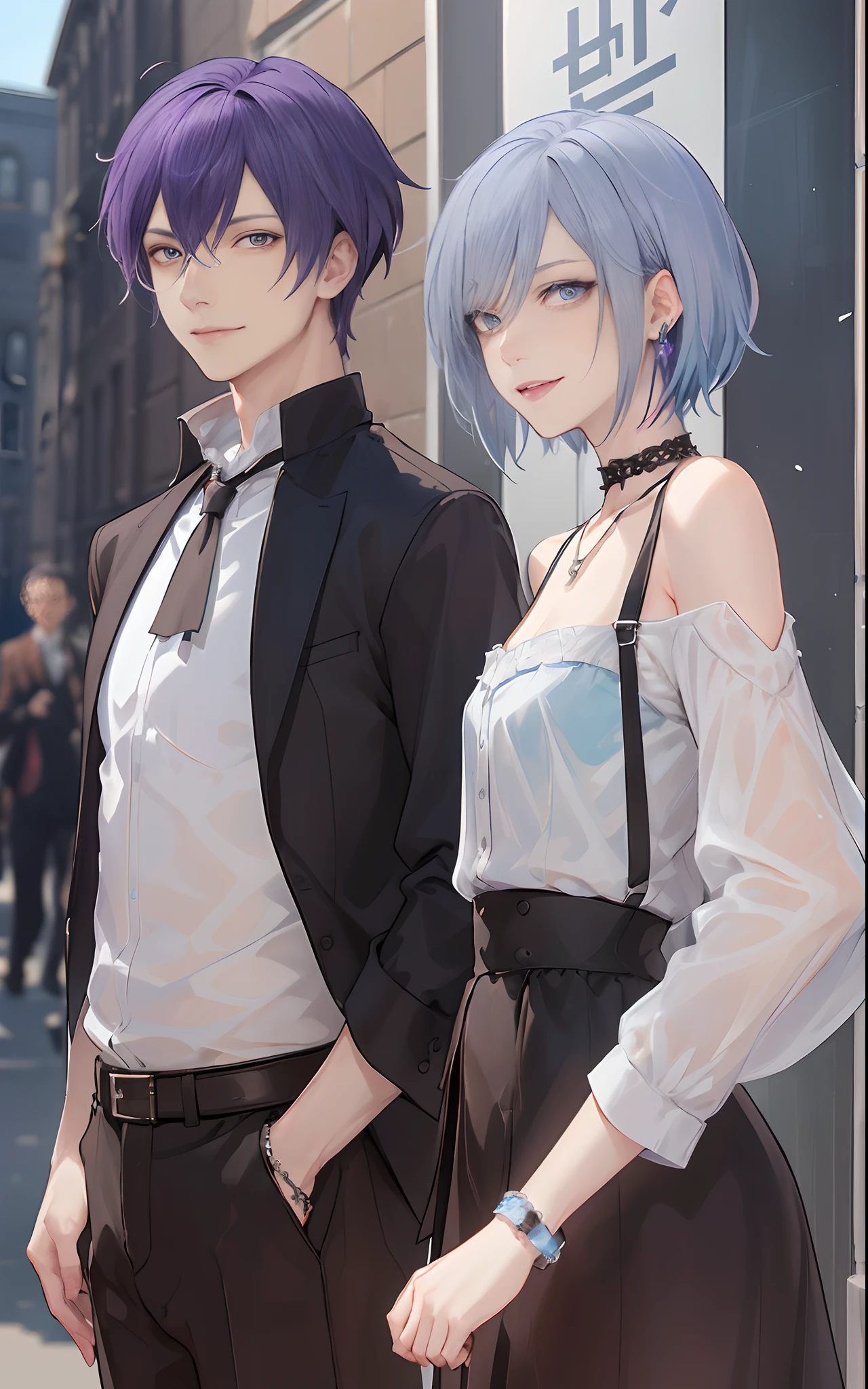 ​masterpiece, top-quality, 2Others, Male couple, 1 man and 1,, Adults, Height difference, different fashion, different color, finely eye and detailed face, intricate detailes, Casual clothing, window, A smile, Happiness, tenderness, queers, Boys Love, high-level image quality、 selfee, Two beautiful men、tall、The upper part of the body、nightfall、nighttime scene、𝓡𝓸𝓶𝓪𝓷𝓽𝓲𝓬、Korean Male, Idol Photos, k pop, Professional Photos, Vampires, Korean fashion in black and white, Fedoman with necklace, inspired by Sim Sa-jeong, androgynous vampire, :9 detailed face: 8, extra detailed face, detailed punk hair, ((eyes are brown)) baggy eyes, Seductive. Highly detailed, semi realistic anime, Vampires, hyperrealistic teen, delicate androgynous prince, imvu, short hair above the ears, Man with short hair, With a purple-haired man with a wild expression, Man with light blue hair with gentle expression, ((With a short-haired man with bright purple hair)), ((Man with light blue hair))