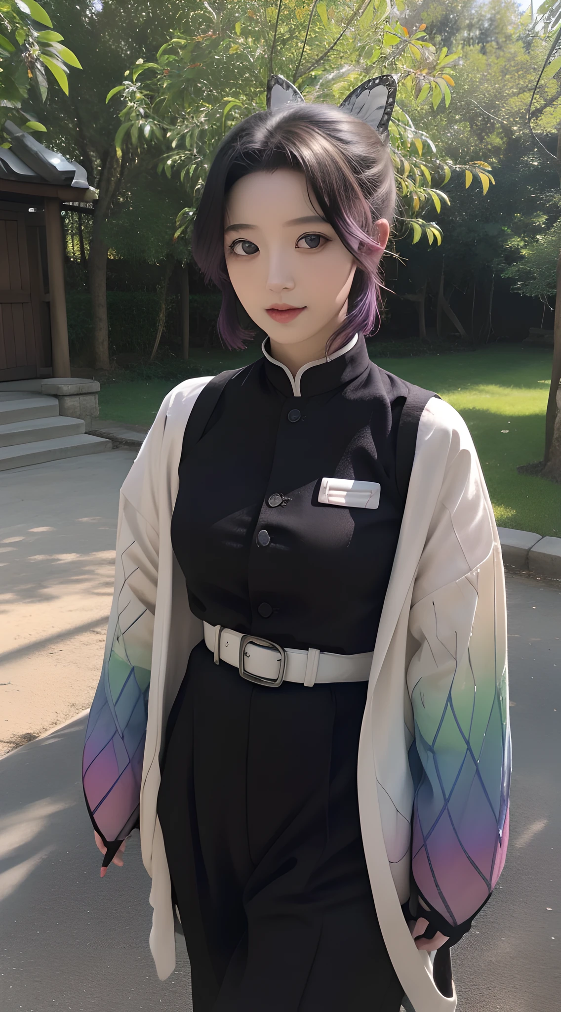 1girl, solo, kochou shinobu, butterfly hair ornament, purple eyes, multicolored hair, short hair, parted bangs, haori, wide sleeves, long sleeves, black pants, black jacket, belt, woman, perfect body, perfect breasts, in the garden, cherry tree, traditional Japanese house, looking at the audience , little smile, realism, masterpiece, textured skin, super detailed, high detail, high quality, best quality, 1080p, 16k