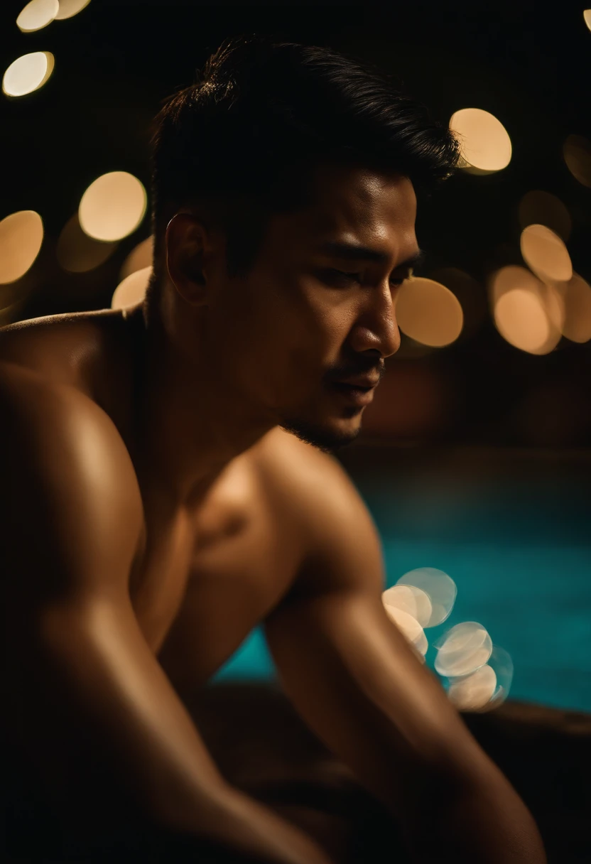 Thai man shirtless, nighttime