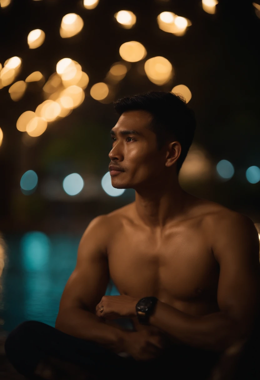 Thai man shirtless, nighttime