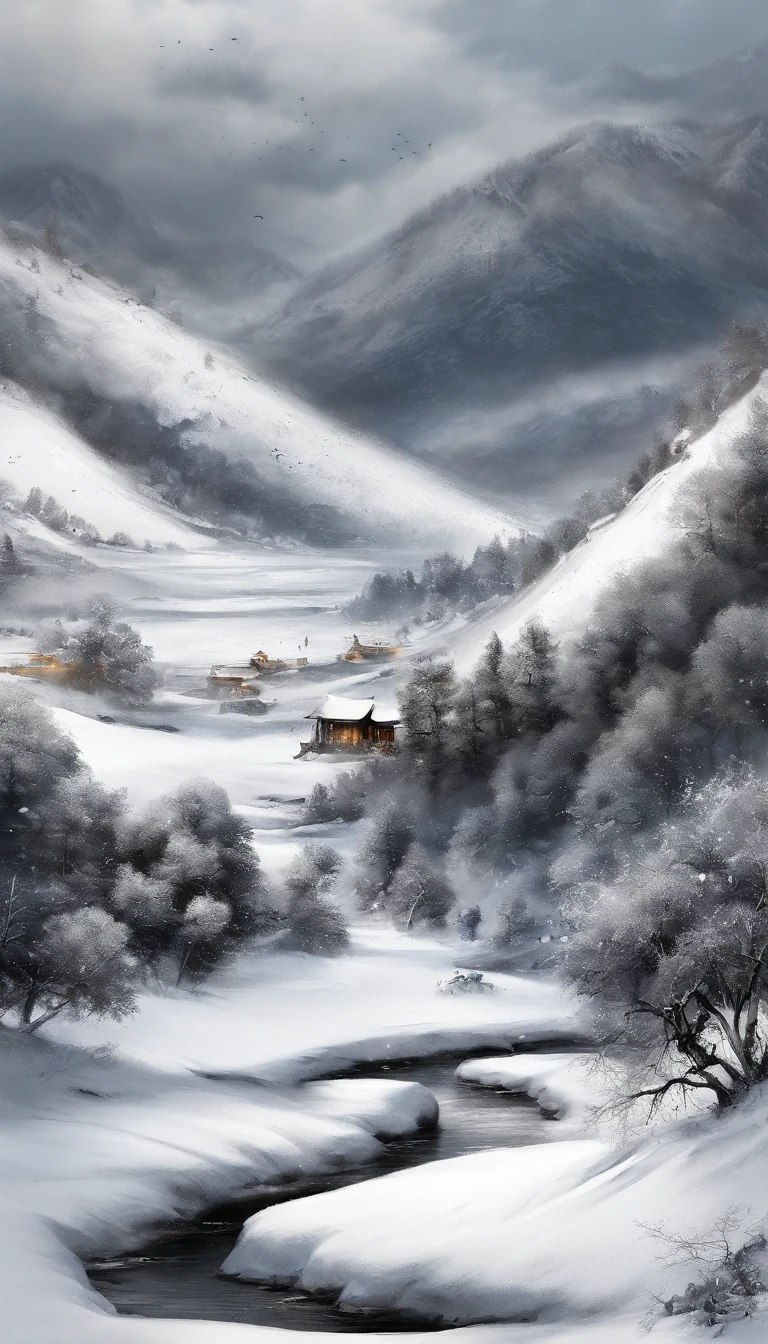 A thousand birds fly,Ten thousand paths disappeared。Lonely boats,Fishing alone in the cold river snow。 (【Translation】 You don't see a single bird in the mountains,The tracks of thousands of people were cut off。On the lonely boat is an old man in a cloak,Fishing alone against the wind and snow),(A small boat on the water),(An old man sits on a small boat fishing),Inspired by the creators:《Jiang Xue》Yanagi Zongyuan,Ray,(light and shadow effect),(vivd colour),(Color splattering),(Obvious layers),(Ink painting style:1.2),(Photography Award),(8k wallpaper),(Masterpiece),(best qualtiy),(Heavy snowfall),(snow landscape),Winter tones,There was a wind blowing,(Side lighting ),(cinema4d),(Movie lighting),(Depth of field effect),(Unreal 5),(tmasterpiece),(8K分辨率),photorealestic,realisticlying