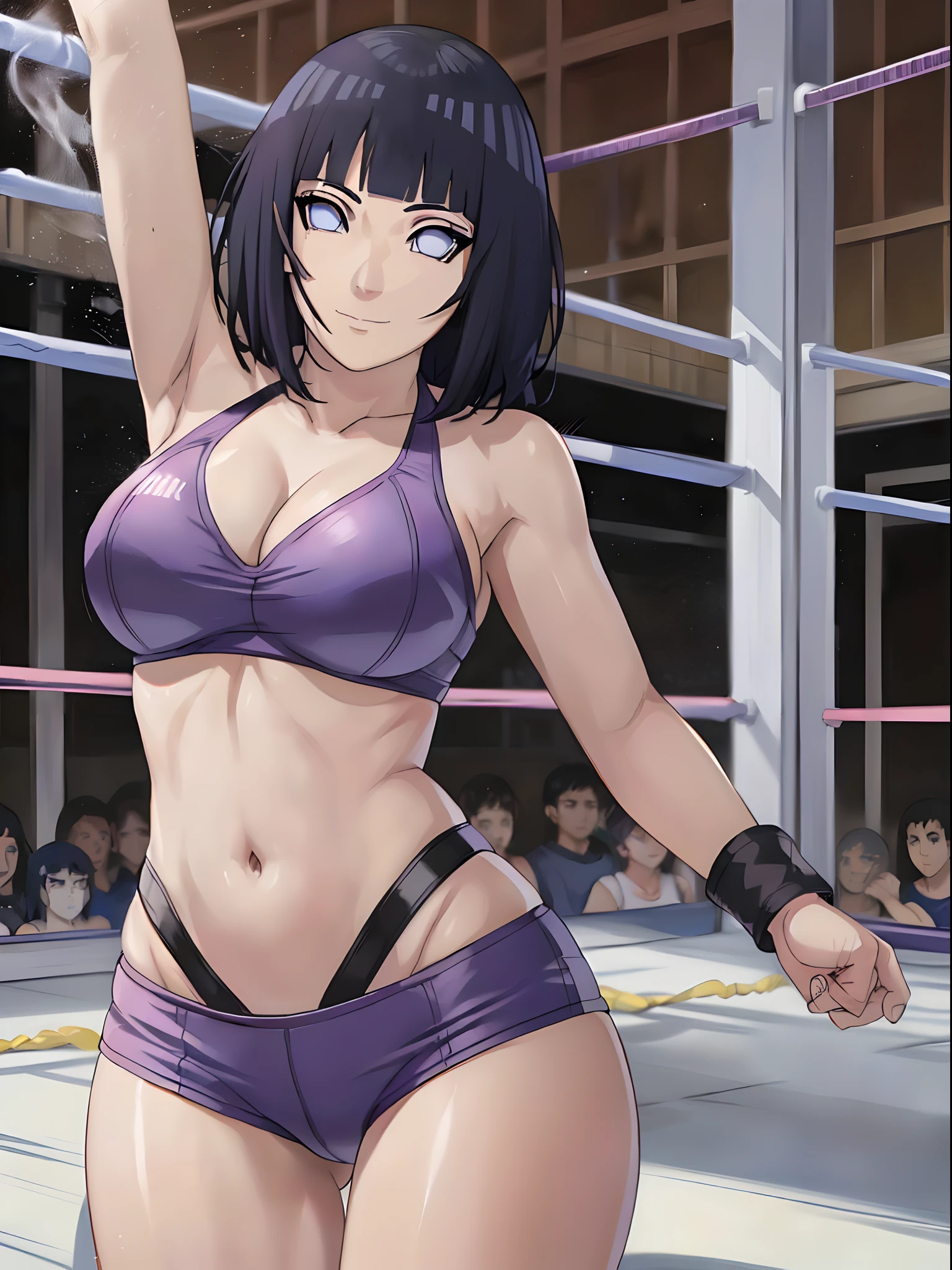 anime style, wrestling ground, (hinata\(boruto\), (female wrestler), (slender body), mature woman, milf, (bikini, pro wrestling gear) victorious, gorgeous, winner, kind face, smile, closed mouth, pale skin, shiny skin, (dark blue hair color:1.1), wavy hair, ((short hair, hime cut), big breasts, (only one arm stretching), long belly, closed fists, seductive, (perfect eyes, white sciera, bright eyes, white eyes, anime eyes, smoky eyeliner, eyeshadow)