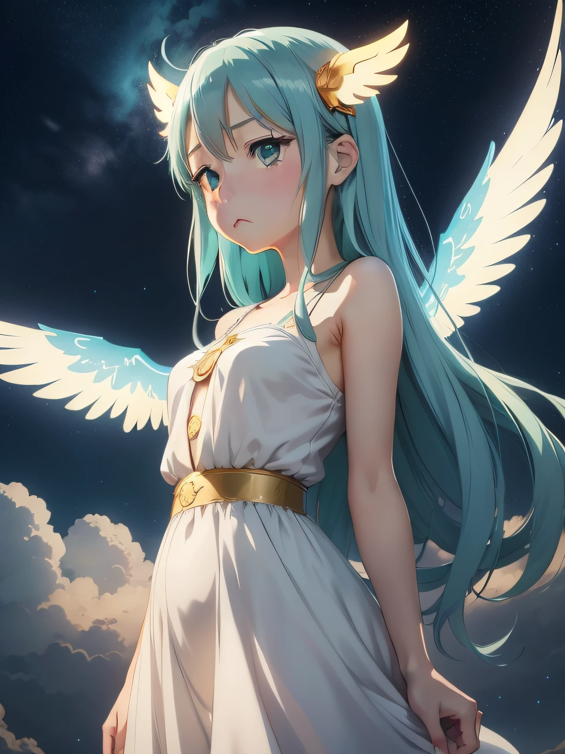 (anime coloring, anime screencap, ghibli, mappa, anime style), 1girl, hatsune miku, white gown, angel, angel wings, golden halo, dark background, upper body, (closed mouth:1.2), looking at viewer, arms behind back, blue theme, stars, starry night