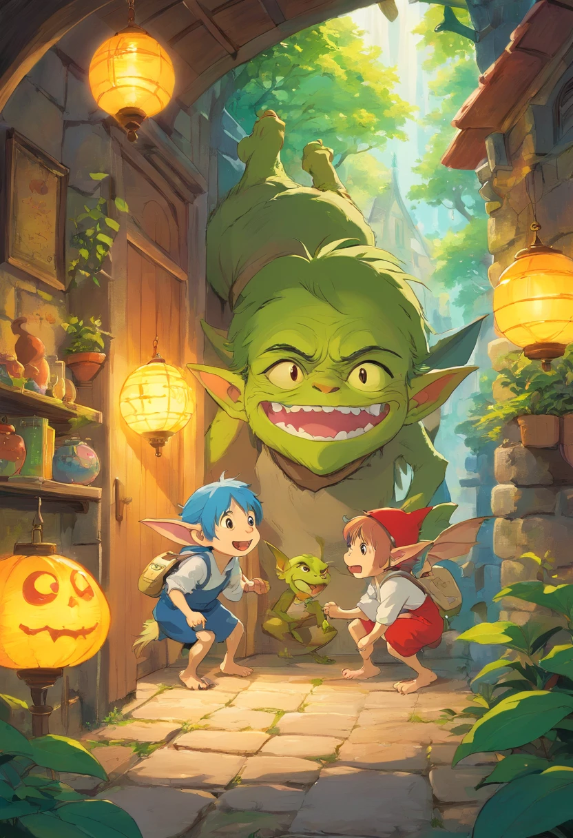 goblins, playing pranks,,vibrant colors,soft lighting