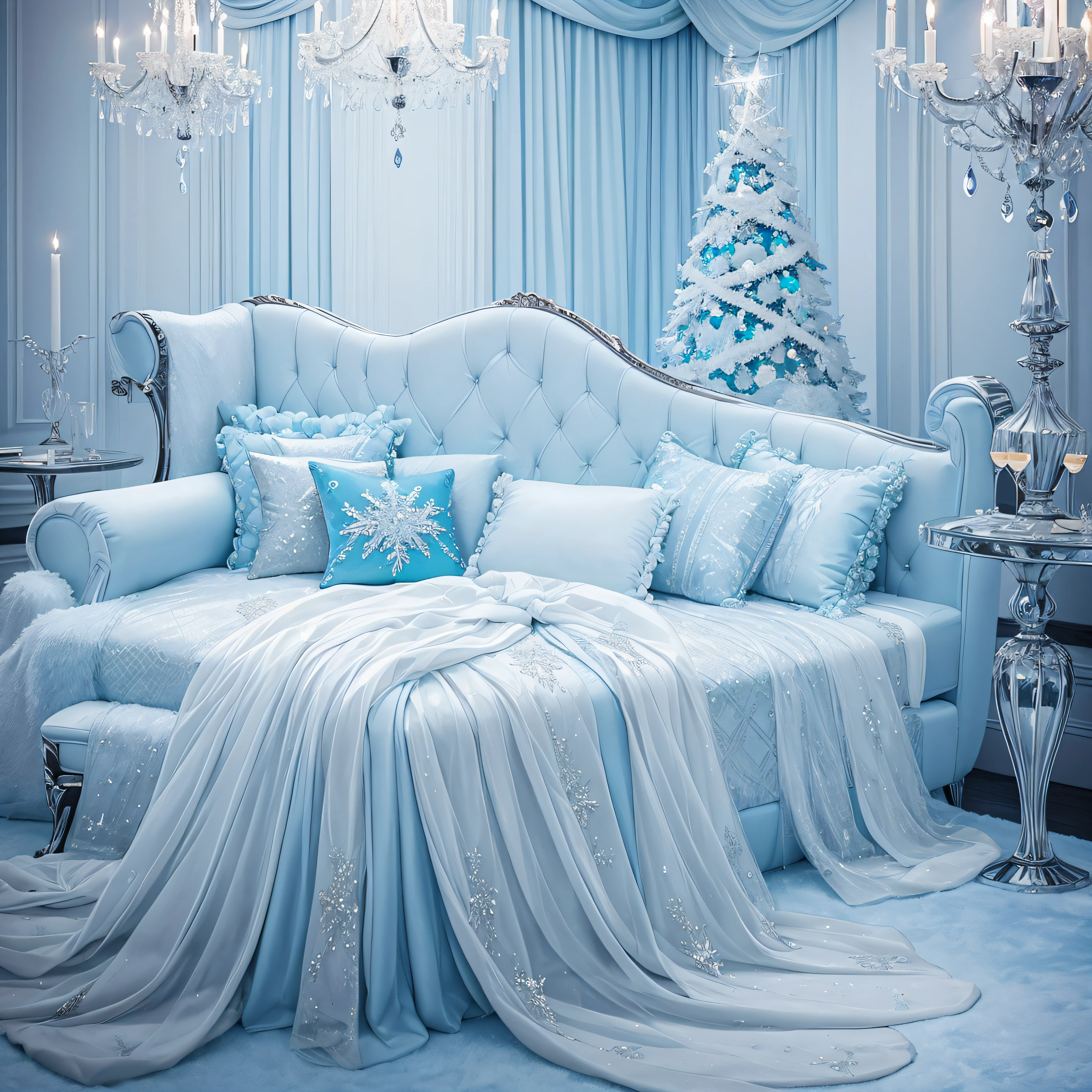 Elegant Ice Palace:
Incorporate icy blues, silver accents, and crystal decorations for a luxurious and icy feel.
