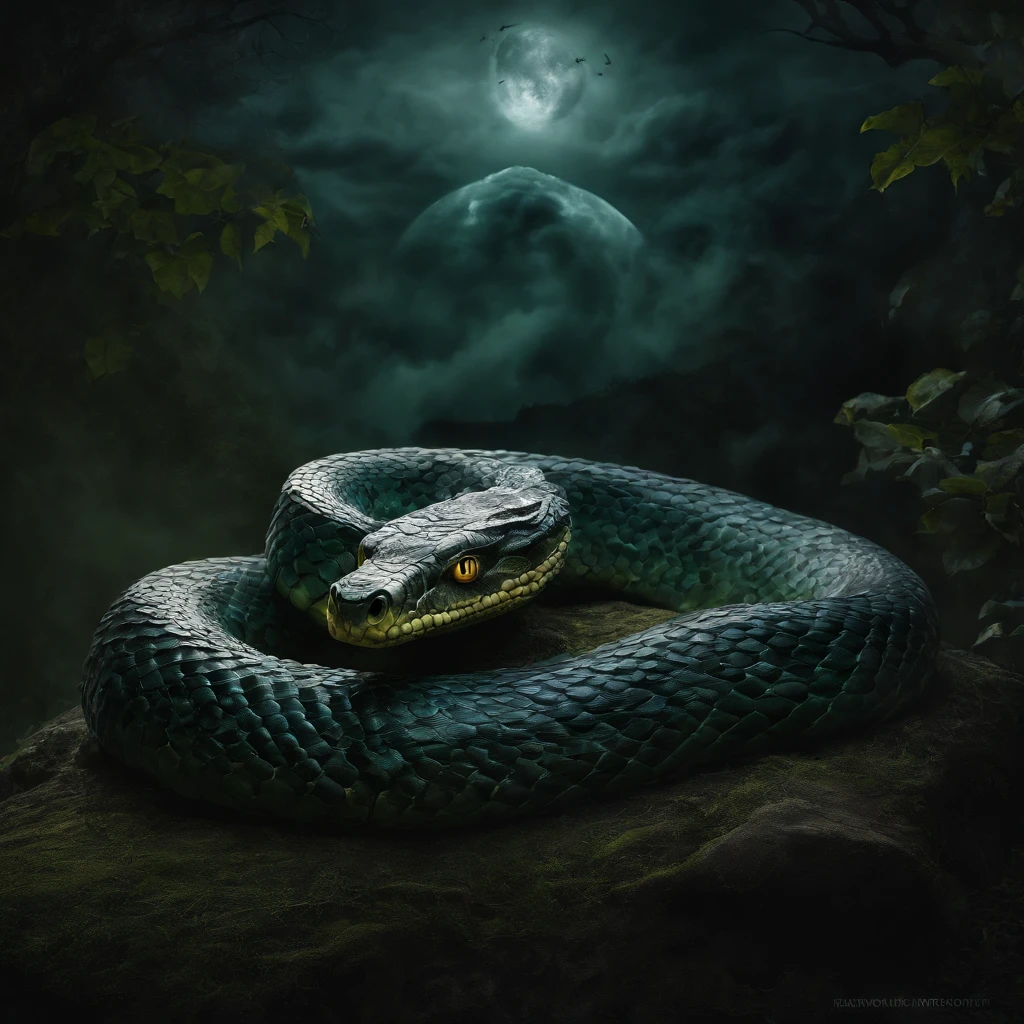 (a serpent with nine heads),mythological creature,large and menacing,each head has sharp fangs and fiery eyes,thick scales covering the entire body,glistening in the moonlight,writhing and twisting in the darkness,each head has a unique color and pattern,poisonous venom dripping from its mouths,dark and ominous atmosphere,dark shadows and eerie mist surrounding the serpent,glowing moon illuminating the scene,casting an eerie glow on the serpent's scales,mysterious and enchanting,majestic and powerful,artistic representation of the serpent in oil painting style,highly detailed and realistic rendition,impressive brushstrokes,rich and vibrant colors,depth and texture in every stroke,contrast between light and dark,creating a sense of drama and intensity,subtle hints of green and purple in the color palette,dramatic lighting emphasizing the details and contours of the serpent,faint moonlight casting shadows on the ground,adding a touch of mystery and suspense.