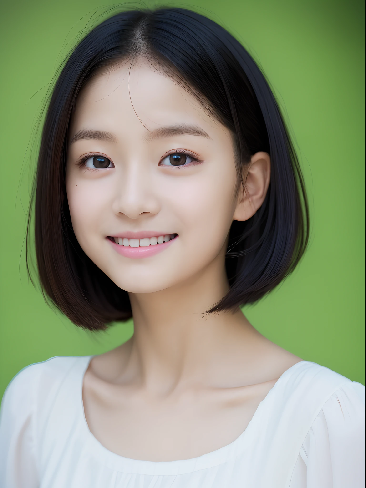 Neat and clean elementary school girl, petite person, (slim, Small, Flat, Small), Short black hair, Photorealistic, detail, Detailed skin texture, Ultra Detail, delicate sexy collarbone, Smile, Super Detailed Face, Detailed lips, Detailed eyes, (10years old girl)、Delicate eyebrows、short neck、Little baby face、Professional Photography、(watching at viewers)、doress、natural soft light、f lare