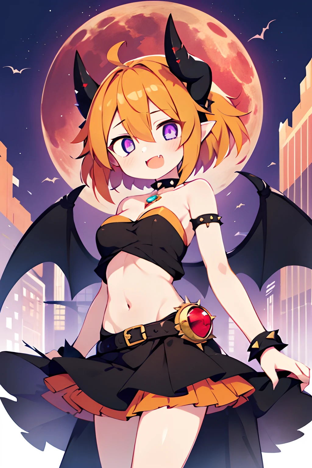 (1girl in:1.2), (Solo:1.2) , Brilliant Textured Work, top-quality, ite, lol childyears obe top tee, strapless, orange layered skirt, black spiky boots, black spiky wristbands, spiky choker, (orange hair:1.1), short hair, wavy hair, (violet eyes:1.1), shiny hair, evil smile, standing, contrapposto, hand on hip, Evil Female Executive, villainess, Evil Fall, darkness, Downtown at night, Concrete roads, large breasts, (empty eyes:1.5), (Forcibly fitted gem:1.2), corrupted gem , eyeball gem, (cracked gem:1.2), curse seal, (parasite eroded gem:1.1), Heart-shaped tattoo on the lower abdomen, eroded, bat wings, open mouth, large fang, full moon, red moon, huge ahoge, black devilish horn, skinny legs, luxury headdress, symbol tattoo,