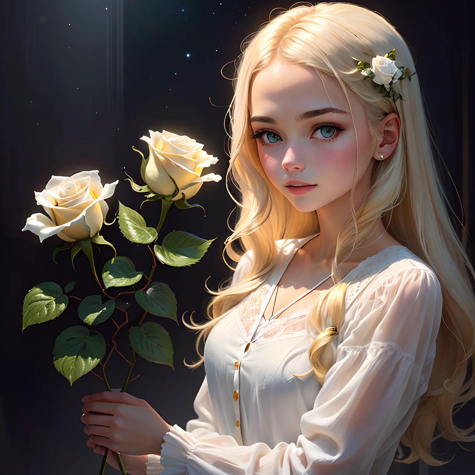 A girl with a white rose and blonde hair looks at a white rose in her hand. on a dark background