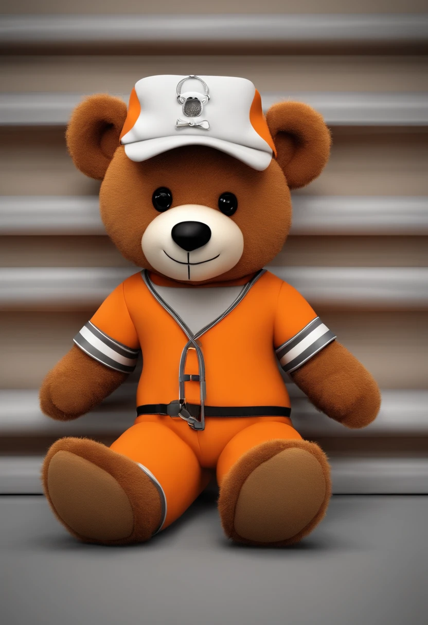 3D cartoon teddy bear with orange inmate jumpsuit, com um sorriso maligno, holding a black plate with both hands at chest height,na frente de uma parede branca com listras pretas para medir estatura