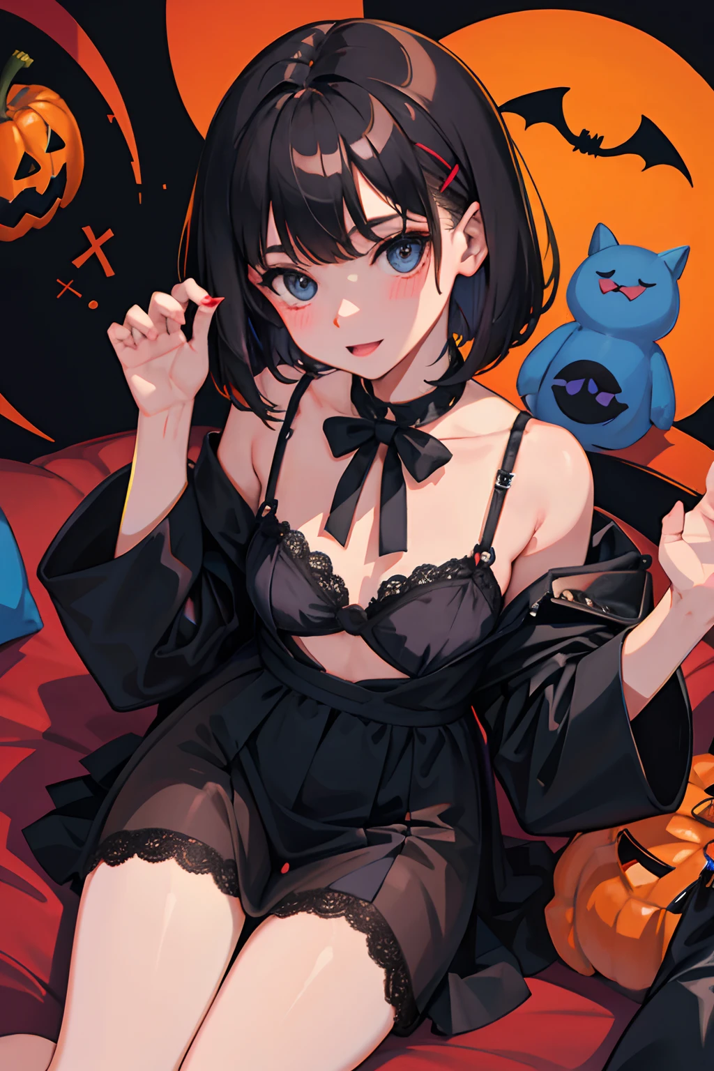 child,(masterpiece,Highest Quality),A dark-haired,Medium bob,Halloween