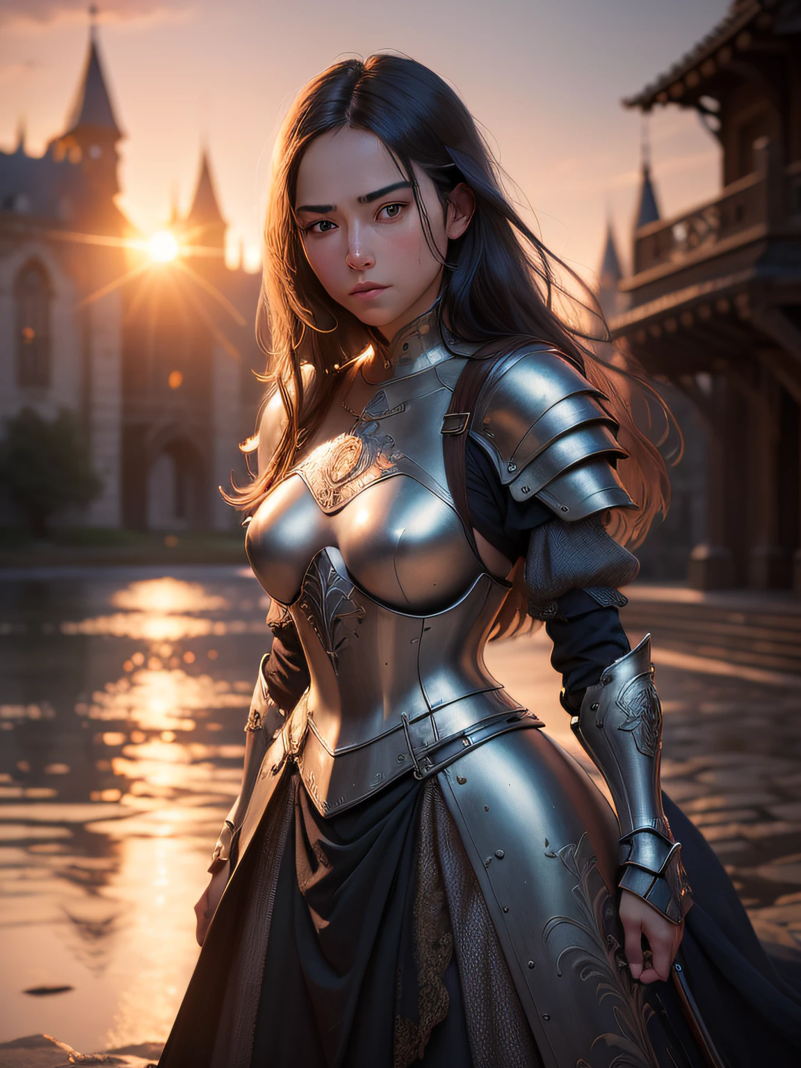 (masterpiece), (extremely intricate:1.3), (realistic), portrait of a girl, the most beautiful in the world, (medieval armor), metal reflections, upper body, outdoors, intense sunlight, far away castle, professional photograph of a stunning woman detailed, sharp focus, dramatic, award winning, cinematic lighting, octane render unreal engine, volumetrics dtx, (film grain, blurry background, blurry foreground, bokeh, depth of field, sunset, motion blur:1.3), chainmail