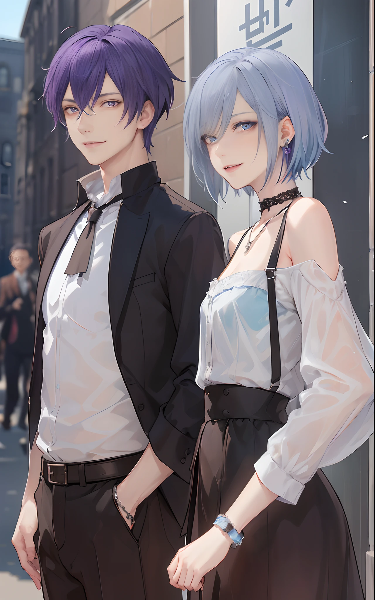 masterpiece, top-quality, 2Others, Male couple, 1 man and 1,, Adults, Height difference, different fashion, different color, finely eye and detailed face, intricate detailes, Casual clothing, window, A smile, Happiness, tenderness, queers, Boys Love, high-level image quality、 selfee, Two beautiful men、tall、The upper part of the body、nightfall、nighttime scene、𝓡𝓸𝓶𝓪𝓷𝓽𝓲𝓬、Korean Male, Idol Photos, k pop, Professional Photos, Vampires, Korean fashion in black and white, Fedoman with necklace, inspired by Sim Sa-jeong, androgynous vampire, :9 detailed face: 8, extra detailed face, detailed punk hair, ((eyes are brown)) baggy eyes, Seductive. Highly detailed, semi realistic anime, Vampires, hyperrealistic teen, delicate androgynous prince, imvu, short hair above the ears, Man with short hair, With a purple-haired man with a wild expression, Man with light blue hair with gentle expression, ((With a short-haired man with bright purple hair)), ((Man with light blue hair))
