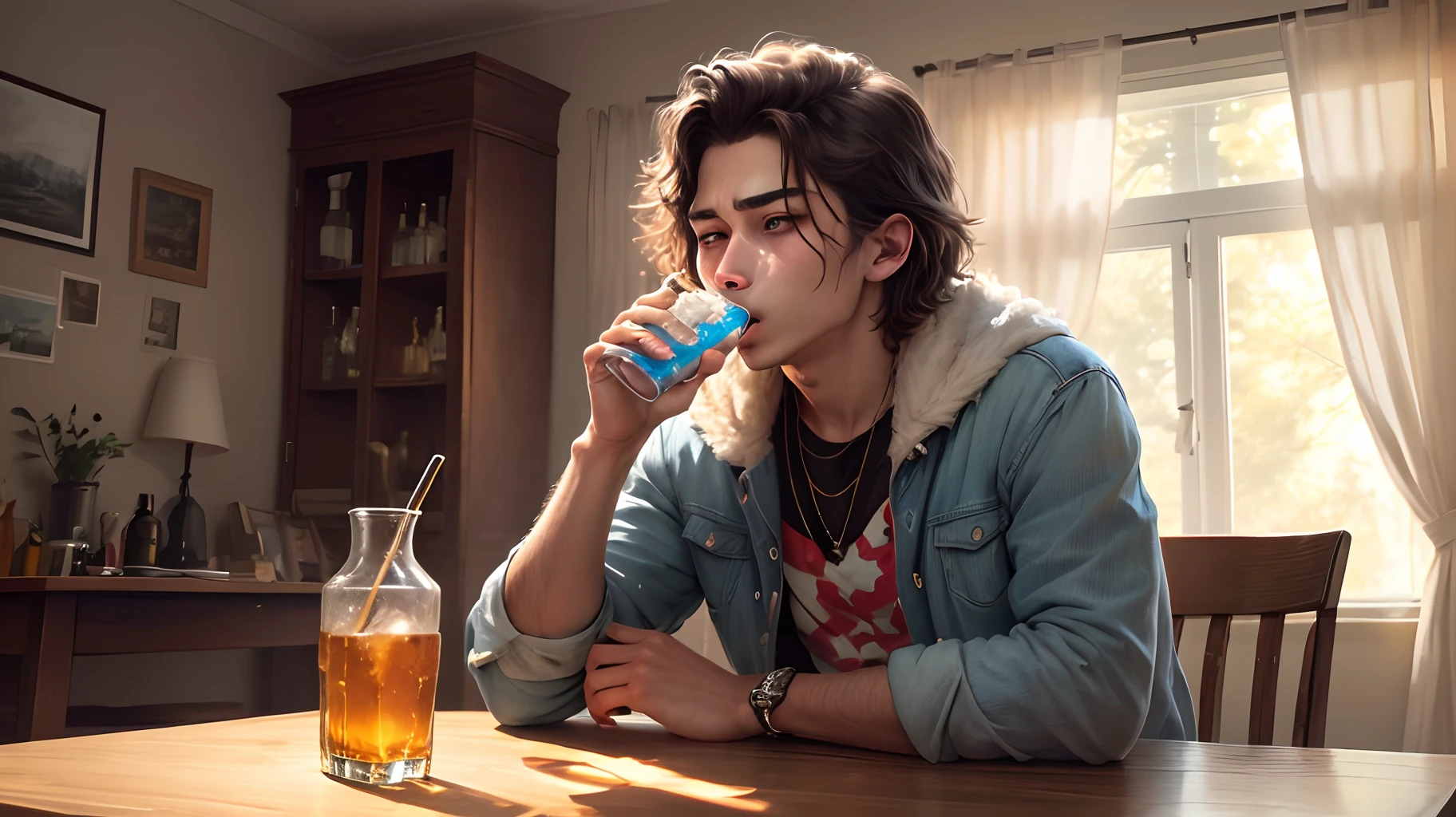 Drinking vodka from the nose in the room　
Change clothes