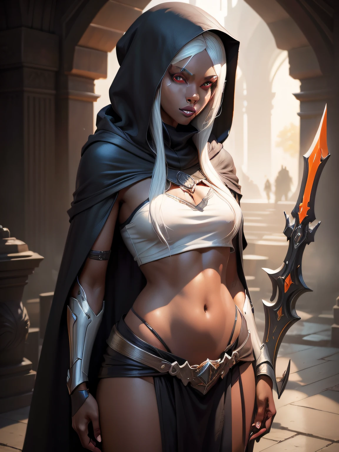 drow, female, pointy ears, solo, elf, navel, hood, colored skin, midriff, looking at viewer, long hair, cloak, dark elf, breasts, white hair, hood up, cape, medium breasts, hooded cloak, belt, pouch, red eyes, grey skin, orange eyes, upper body, weapon, glowing eyes, lips, ((masterpiece, best quality)), art by greg rutkowski, trending on artstation, (cgmech, mecha, mechanical joints, robot parts)