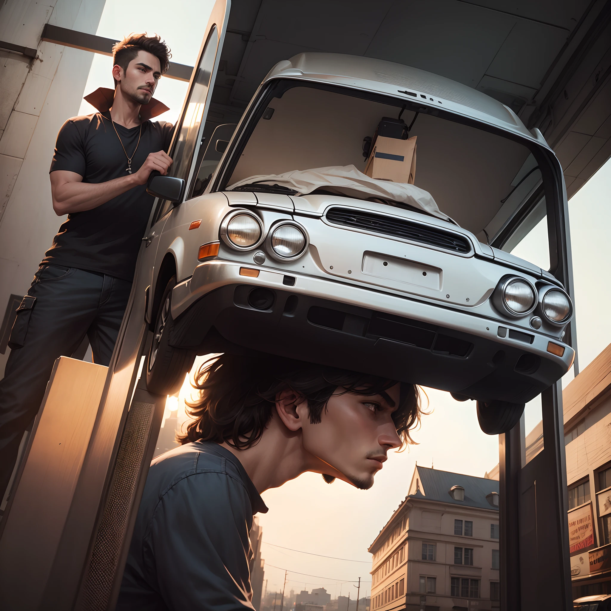 A man holding car above his head