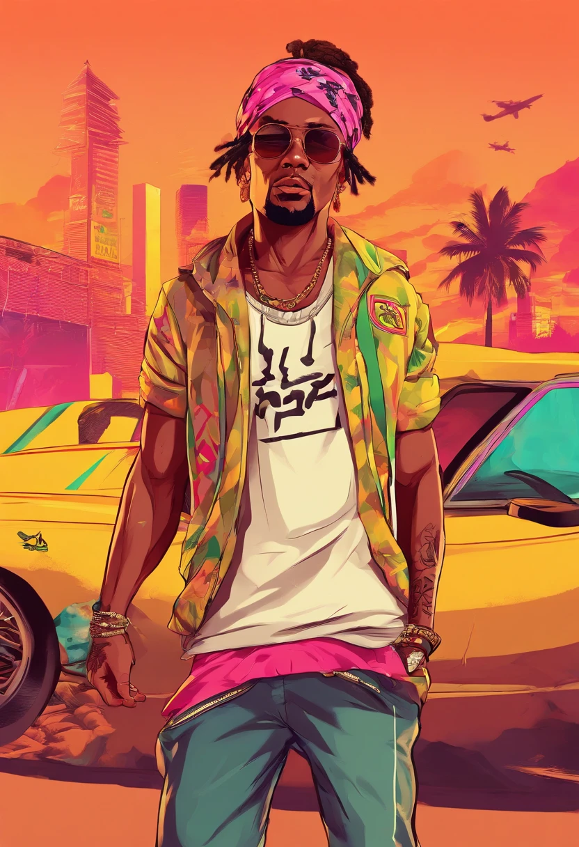 Masterpiece, Best Quality, suntanned skin, looking a viewer, sports clothing, leggins, Walk through the GHETTO , in sneakers, Simple background with logo, From Bottom, bandana on the face , Gangster clothing