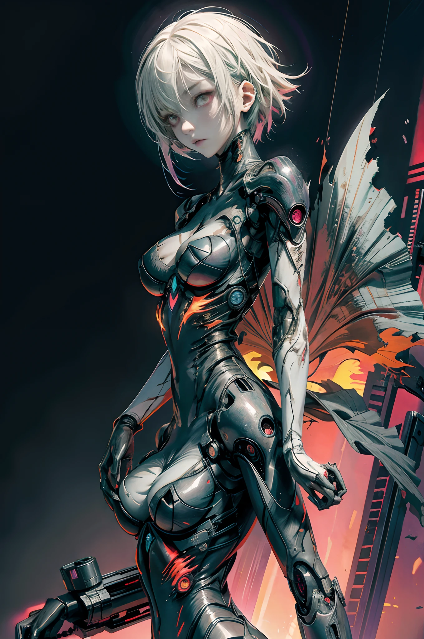 masutepiece,1girl in, Best Quality,cyberpunked,(Alternative、dim colors, Soothing tones:1.3),(slenderbody、Clothes torn:1.3)(well-shaped breasts:1.5)（Lower body deforming machine:1.5）.NSFW、Cyber City Destroyed、Doomsday Harem、Doomsday World、Cyber Zipangu、Doomsday Tokyo、holding weapons（Upper body:1.7）