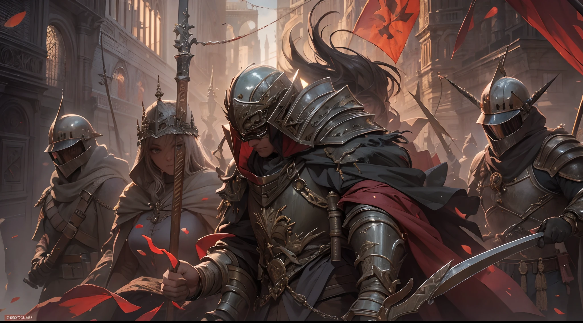 (by Greg Rutkowski: 1.2), (masterpiece), (best quality), extremely delicate and beautiful, illustration, Army, armor, siege,Chaplain , knights, Banner bears, sword and Shield, helmet, Necromancer, dark fantasy, skelets, Death, high detail, dark magic, From Brian Froud and Carne Griffiths and Wadim Kashin and John William Waterhouse, 8K post-production, high resolution, hiper detailed, depth of field, HDR, intricate