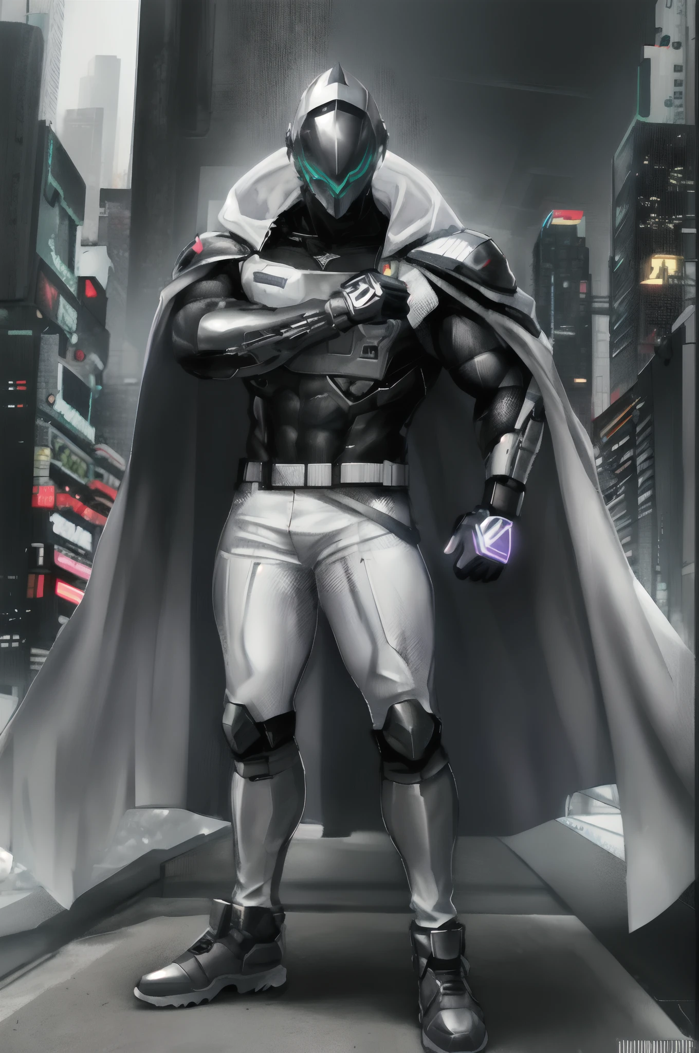 male, muscular male, faceless, helmet covering all of face, cyberpunk style helmet, lcd on helmet, cloak, black assassin suit, white longpants, abandoned city background