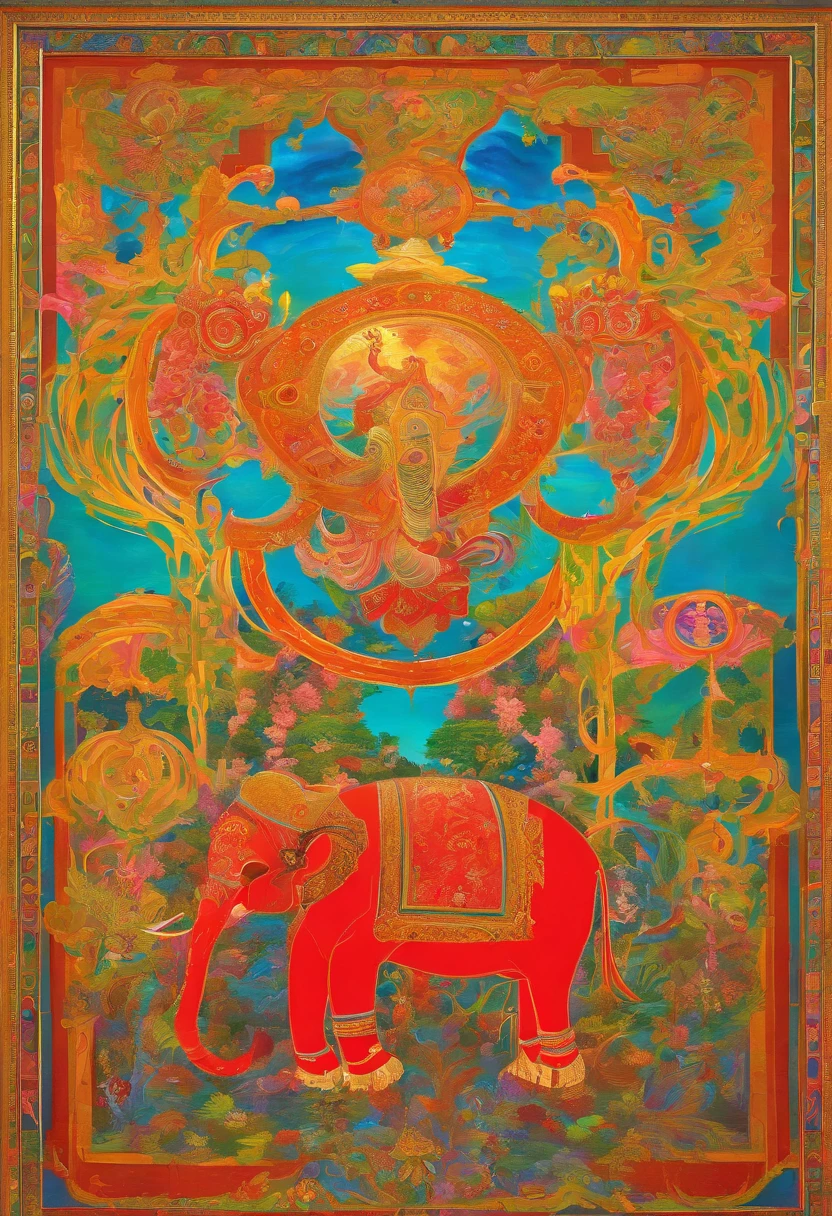 (highres:1.2,best quality,vivid colors),elephant,decorative painting,glorious,ornate details,luxurious and elegant,gleaming gold accents,elaborately framed,grandiose,exquisite artwork,rich and vibrant color palette,impeccable brushwork,impressive scale,highly intricate patterns,meticulous attention to detail,opulent and extravagant composition,illustrious presence,majestic and awe-inspiring,imposing stature,commanding presence,dominant and powerful,regal and dignified,graceful and majestic movements,serene and wise expression,harmonious blend of colors,radiant and luminous light,subtle and delicate shading,perfectly balanced contrast,ornate and elaborate frame,remarkable craftsmanship,appreciated by art connoisseurs,admired and coveted by collectors,artistic masterpiece that captivates the viewer's attention.
