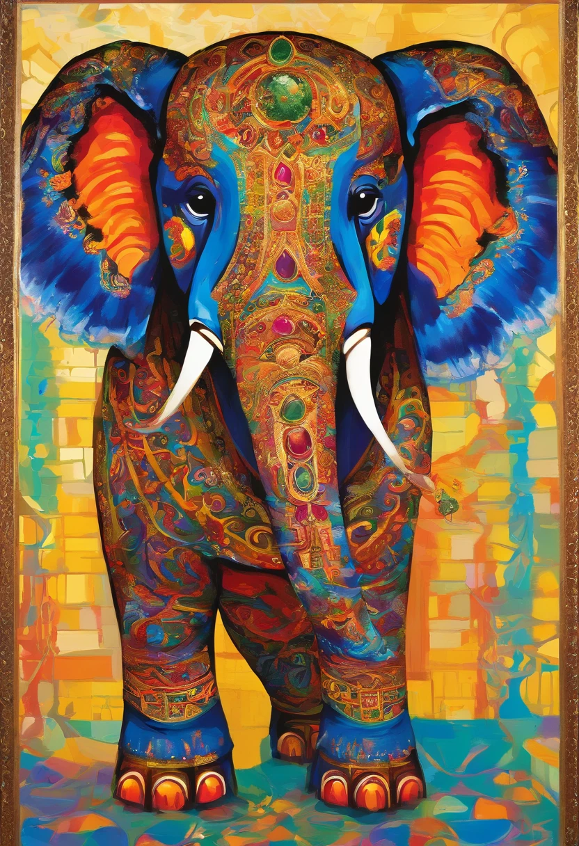 (highres:1.2,best quality,vivid colors),elephant,decorative painting,glorious,ornate details,luxurious and elegant,gleaming gold accents,elaborately framed,grandiose,exquisite artwork,rich and vibrant color palette,impeccable brushwork,impressive scale,highly intricate patterns,meticulous attention to detail,opulent and extravagant composition,illustrious presence,majestic and awe-inspiring,imposing stature,commanding presence,dominant and powerful,regal and dignified,graceful and majestic movements,serene and wise expression,harmonious blend of colors,radiant and luminous light,subtle and delicate shading,perfectly balanced contrast,ornate and elaborate frame,remarkable craftsmanship,appreciated by art connoisseurs,admired and coveted by collectors,artistic masterpiece that captivates the viewer's attention.